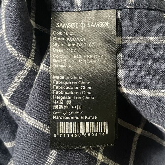 NWT Samsoe Samsoe Liam Button Down Shirt Mens Large Navy Plaid LS Linen Blend - Picture 5 of 10
